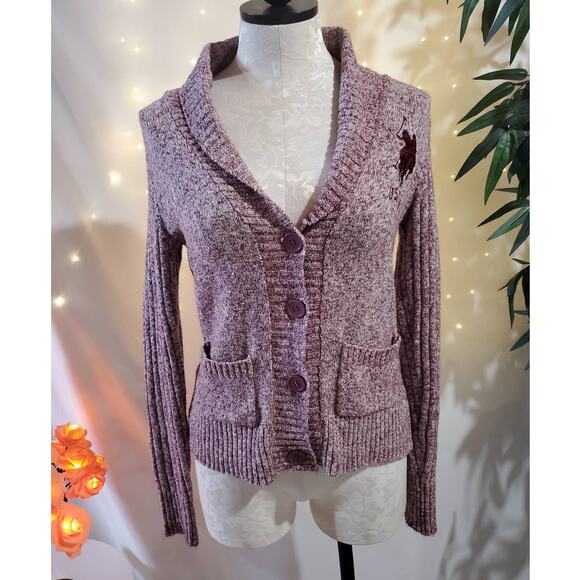 Polo Shawl Neck Embroidered Ribbed Burgundy Knit Cardigan Sweater Women's Size S - Picture 10 of 10